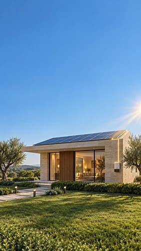 نیروگاه خورشیدی روی پشت‌بام ساختمان در هنگام غروب